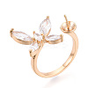 Butterfly Shape Brass Micro Pave Clear Cubic Zirconia Cuff Ring Settings for Half Drilled Beads KK-T076-47G-1