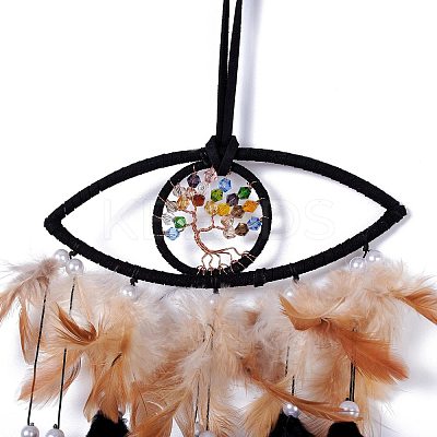 Handmade Eye & Tree of Life Woven Net/Web with Feather Wall Hanging Decoration HJEW-K035-02-1