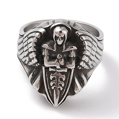 Viking 304 Stainless Steel Angel Cross Sword Wide Finger Rings for Mens RJEW-U005-03AS-1