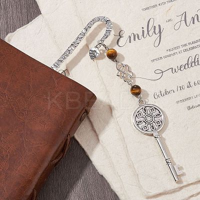 Mother's Day Key & Infinity Love Heart Pendant Bookmark with Natural Tiger Eye AJEW-JK00259-01-1