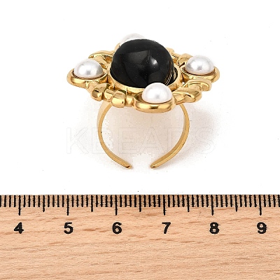304 Stainless Steel with Natural Gemstone and Plastic Imitation Pearl Adjustable Cuff Rings for Women RJEW-Z096-02G-03-1
