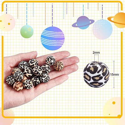 60 Pcs 15mm Silicone Beads Loose Silicone Beads Kit Leopard Print Silicone Beads for Keychain Making Bracelet Necklace JX309A-1
