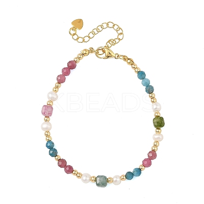 Natural Mixed Gemstone Faceted Round and Cube Beaded Bracelets with Natural Pearl & Brass End Chains BJEW-JB14336-03-1