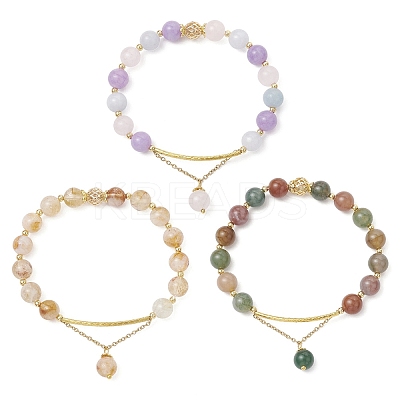 3Pcs Natural Indian Agate & Citrine & Aquamarine & Rose Quartz & Amethyst Round Beaded Bracelets BJEW-JB11925-1