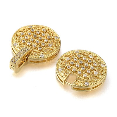 Rack Plating Flat Round Brass Micro Pave Clear Cubic Zirconia Fold Over Clasps KK-H512-08G-1