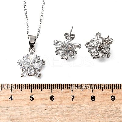Flower Brass Micro Pave Clear Cubic Zirconia Stud Earrings & Pendant Necklaces Sets SJEW-Z002-04P-1