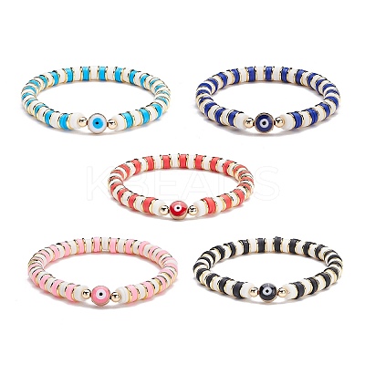 5Pcs 5 Colors Synthetic Hematite & Polymer Clay Heishi Beads Stretch Bracelets Set BJEW-SZ0002-05-1