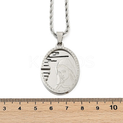 201 Stainless Steel Embossed Virgin Mary Pendant Rope Chain Necklaces NJEW-S387-08P-1