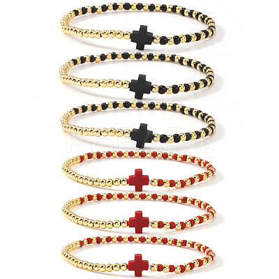 6Pcs Brass Round Beads Stretch Bracelets TI2646-3-1