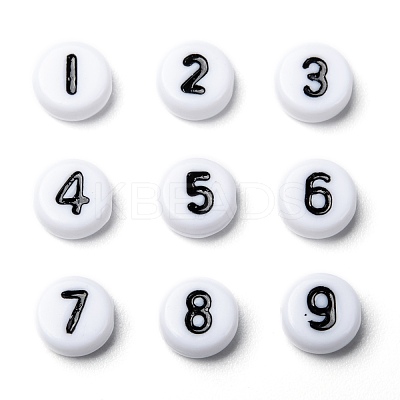 Mix Numbers White Flat Round Acrylic Beads X-PB9111-1