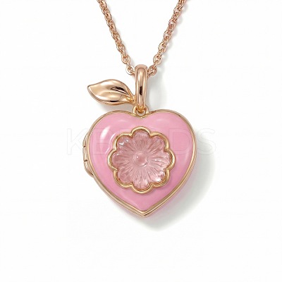 Brass Enamel and Glass Heart Peach Photo Locket Pendant Cable Chain Necklaces for Women WG4ED66-02-1