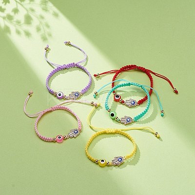 Evil Eye Resin Bead & Flat Round with Tree of Life Alloy Rhinestone Braided Beaded Bracelets for Girl Women BJEW-JB08740-04-1