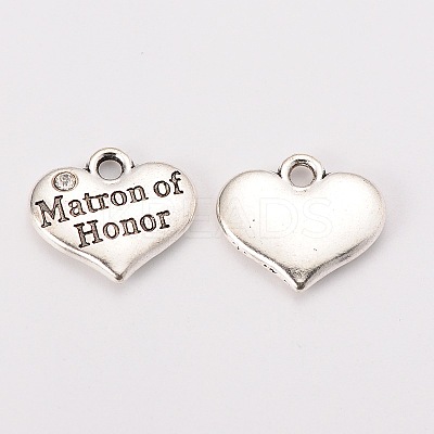 Wedding Theme Antique Silver Tone Tibetan Style Heart with Matron of Honor Rhinestone Charms X-TIBEP-N005-03A-1