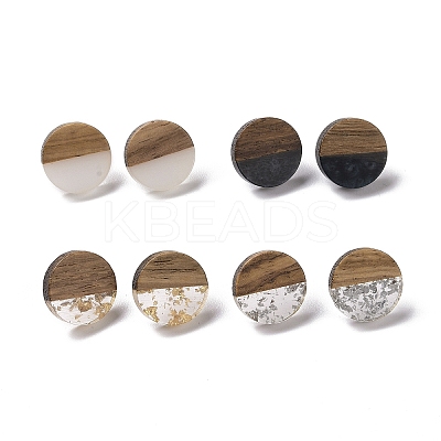Resin & Walnut Wood Flat Round Stud Earrings with 304 Stainless Steel Pin for Women EJEW-N017-010-1