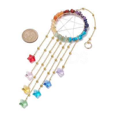 7 Chakra Wire Wrapped Gemstone Chip Ring with Star Pendant Decorations HJEW-ST00001-1