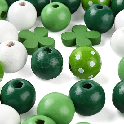 160Pcs 5 Style Irish Theme Painted Natural Wood Beads X1-WOOD-LS0001-48-1