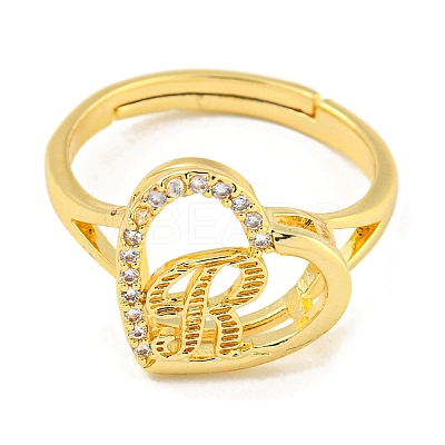 Heart with Letter Rack Plating Brass Micro Pave Cubic Zirconia Adjustable Rings for Women RJEW-I105-06G-R-1