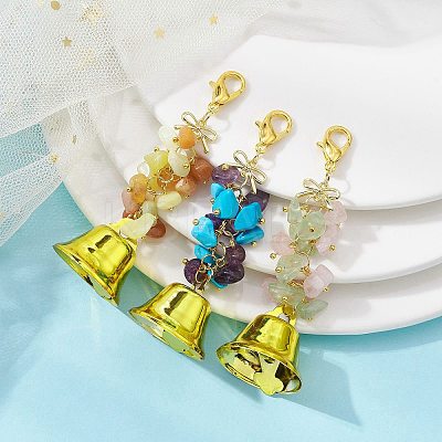 Gemstone Chips & Alloy Bowknot Kcychain HJEW-JM01313-1