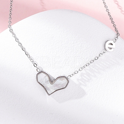 304 Stainless Steel Pave Natural White Shell Heart Pendant Necklaces for Women NJEW-U032-09P-01-1