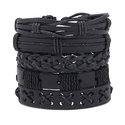 5Pcs 5 Style Adjustable Braided Imitation Leather Cord Bracelet Set with Waxed Cord for Men BJEW-F458-14-1