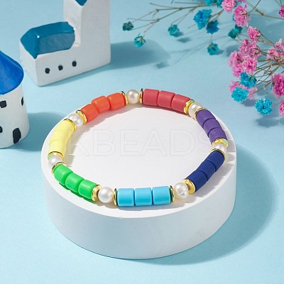 Handmade Polymer Clay Column Beads Stretch Bracelet BJEW-JB07264-1
