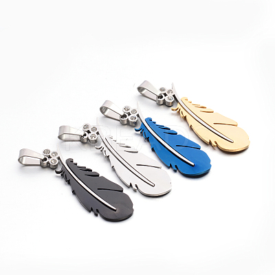 304 Stainless Steel Rhinestone Large Feather Pendants STAS-E090-88-1