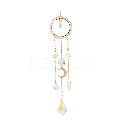 Natural Rose Quartz Woven Net/Web with Feather Window Hanging Suncatchers HJEW-JM00852-01-1