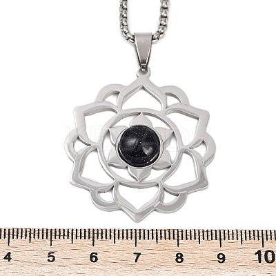 Chakra Lotus Flower 201 Stainless Steel Pave Synthetic Blue Goldstone Pendant Necklaces for Women LS-NJEW-K283-26P-1
