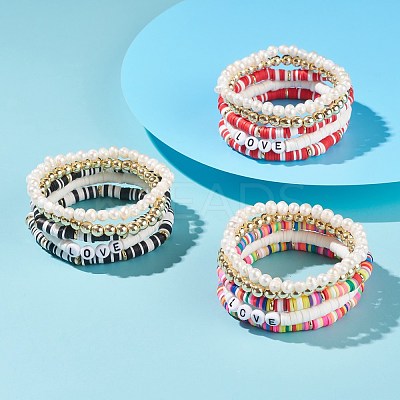 Handmade Polymer Clay Heishi Beads Stretch Bracelets Set BJEW-JB07401-1