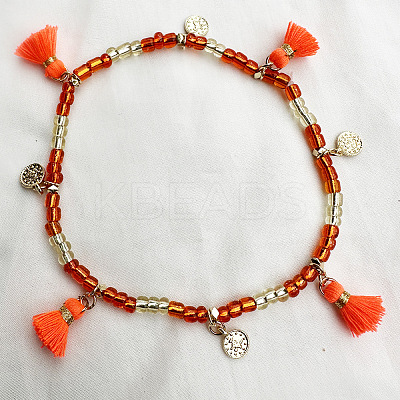 Bohemian Style Alloy Coin Charm Tassel Plastic Seed Beaded Stretch Anklets FS-WGB8A48-06-1