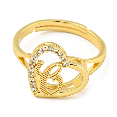 Heart with Letter Rack Plating Brass Micro Pave Cubic Zirconia Adjustable Rings for Women RJEW-I105-06G-C-1