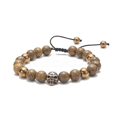 4Pcs 4 Color Natural Wood & Alloy Skull & Synthetic Hematite Braided Bead Bracelets Set BJEW-JB09214-1
