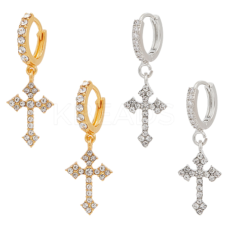 2Pcs 2 Colors Brass Cross Dangle Hoop Earrings with Rhinestone EJEW-AN0004-64-1