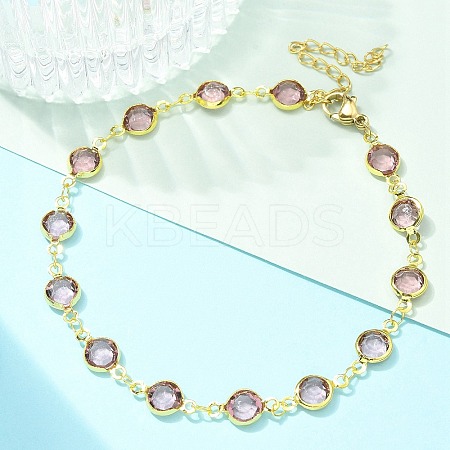 304 Stainless Steel Flat Round Acrylic Rhinestone Cup Chain Anklets for Women AJEW-B031-02G-01-1