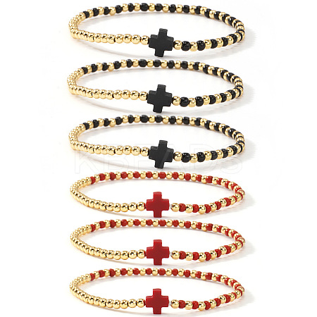 6Pcs Brass Round Beads Stretch Bracelets TI2646-3-1