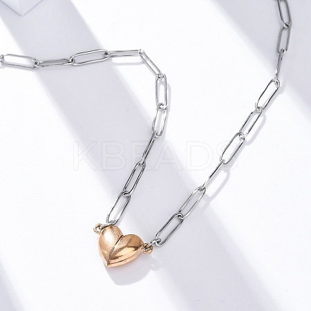 304 Stainless Steel Double-Sided Magnetic Heart Pendant Paperclip Chain Necklaces NJEW-U028-02RG-1