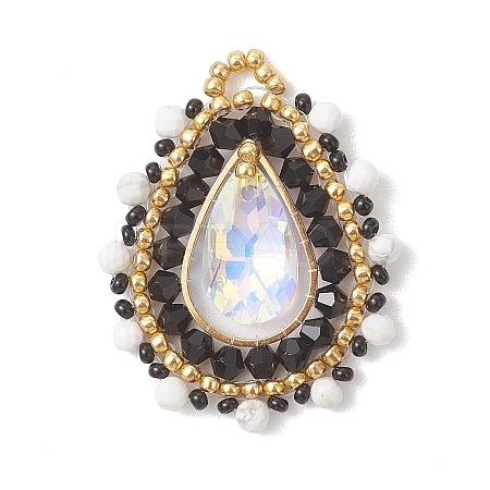 Natural Howlite Faceted Round and Glass Seed Beaded Pendants PALLOY-MZ01218-01-1
