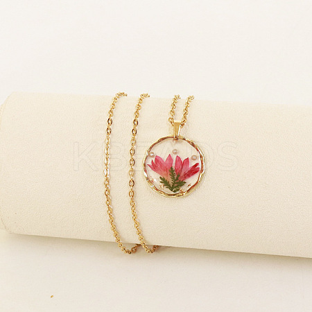 Alloy & Plastic Inner Flower Flat Round Pendant Necklaces FS-WG8915D-13-1