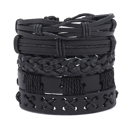 5Pcs 5 Style Adjustable Braided Imitation Leather Cord Bracelet Set with Waxed Cord for Men BJEW-F458-14-1
