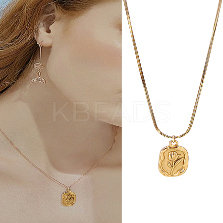 1Pc Stainless Steel Embossed Flower Oval Pendant Necklaces for Women NJEW-LP0002-92-1