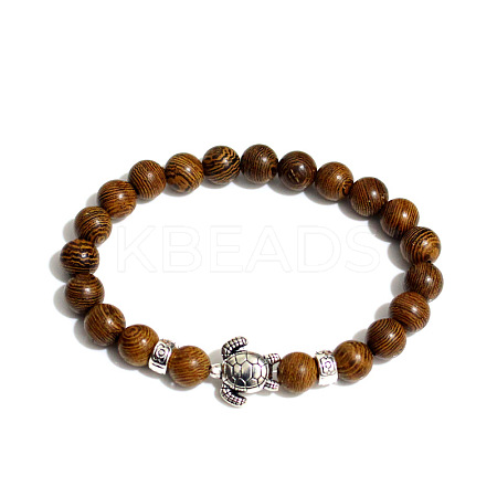 Natural Wood Lace Stone Round Beaded Stretch Bracelet with Turtle UL4697-8-1