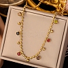 304 Stainless Steel Pave Cubic Zirconia Colorful Round Tassel Ball Chain Bib Necklaces for Women NJEW-D350-01G-1
