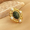304 Stainless Steel with Natural Gemstone and Plastic Imitation Pearl Adjustable Cuff Rings for Women RJEW-Z096-02G-02-1