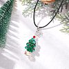 Electroplate Glass Beaded Dark Cyan Christmas Tree & Alloy Star Pendant Black Waxed Cotton Cord Necklaces NJEW-MZ00123-02-1