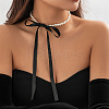 Bowknot Satin Cord Plastic Imitation Pearl Round Beaded Choker Necklaces for Women WG8633D-01-3