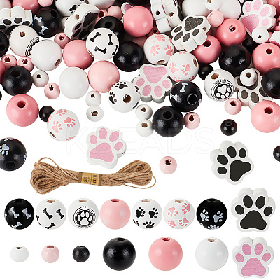 305Pcs 15 Styles Spray Painted Dog Paw Print Wood Beads WOOD-OC0002-99-1