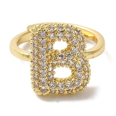 Rack Plating Letter Brass Micro Pave Clear Cubic Zirconia Adjustable Rings for Women KK-S391-03G-B-1
