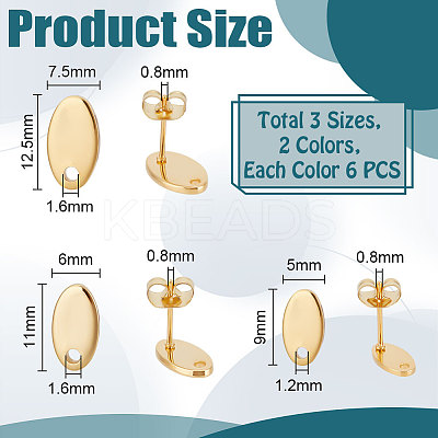 36Pcs 6 Styles 201 Stainless Steel Stud Earring Findings with Hole EJEW-UN0002-41-1