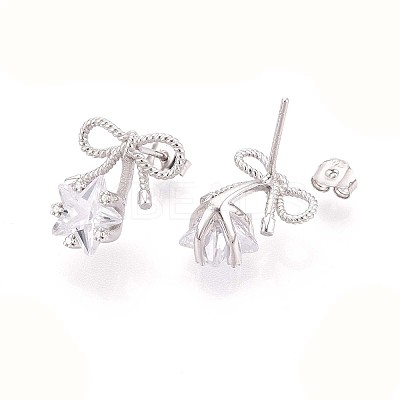 925 Sterling Silver Micro Pave Clear Cubic Zirconia Bowknot with Star Stud Earrings STER-N016-79P-1