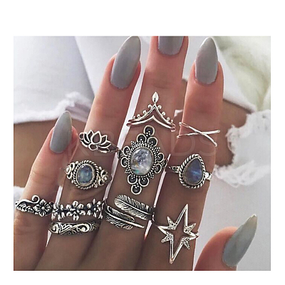 11Pcs Alloy with Natural Labradorite Finger Rings FS-WG21963-04-1